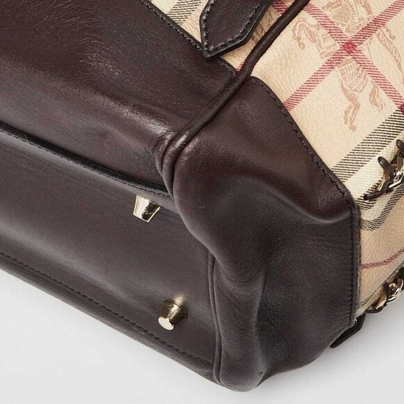 Burberry Brown Leather Haymarket Check Coated Canvas Chain Lawrence Tote Bag - Picture 4 of 11